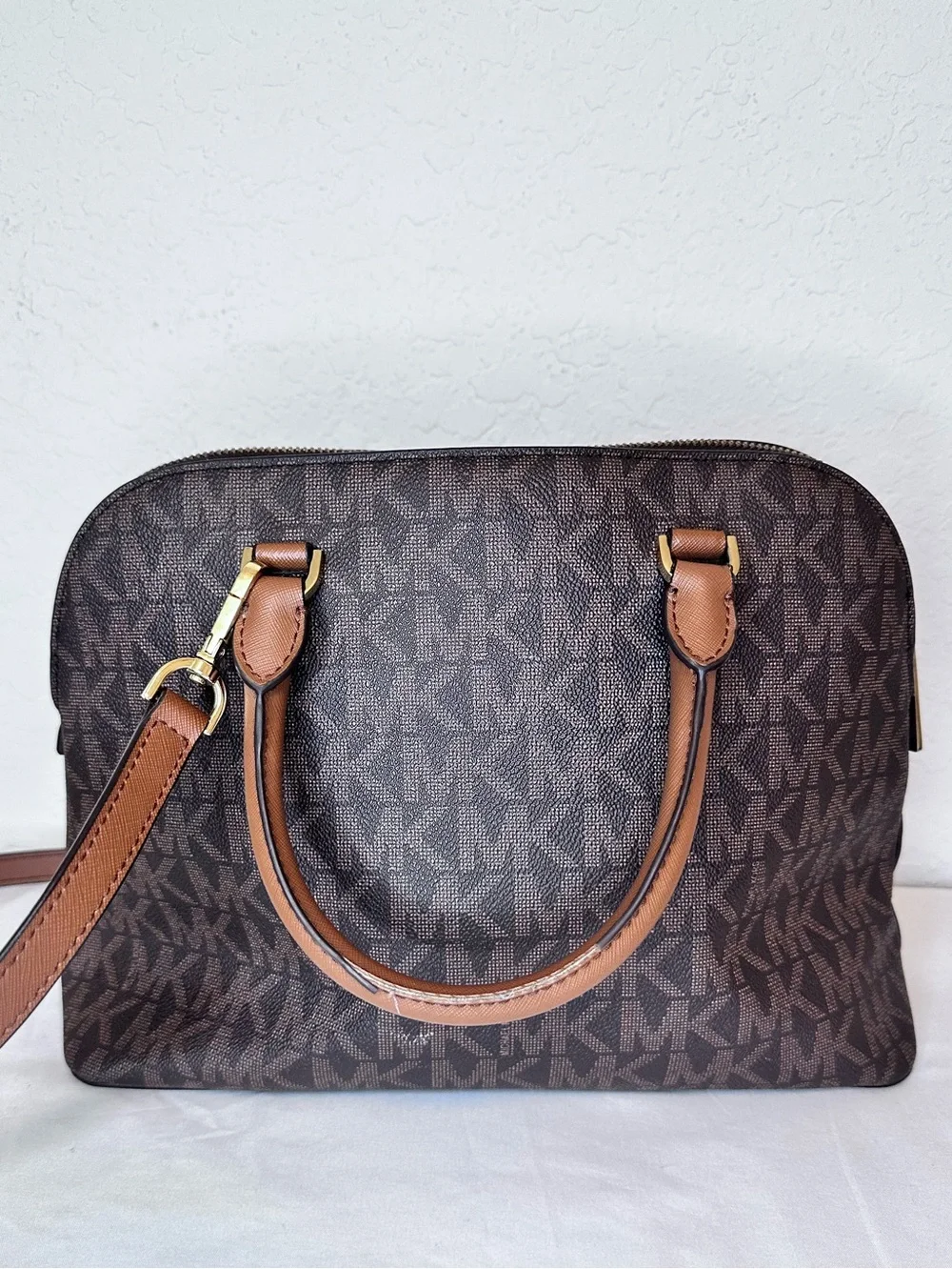 Michael Kors Jet Set Travel Large Satchel Brown MK Signature PVC Leather Trim
